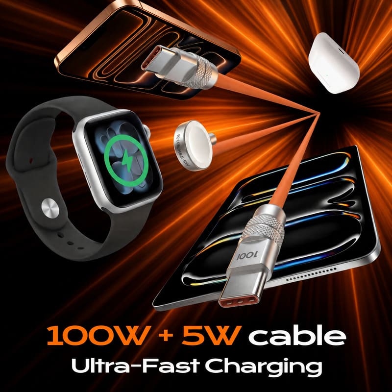 ChubbyCable Duo-Core Flex™ 2-in-1 USB-C to 100W USB-C & 5W Apple Watch Charging Cable - Image 10