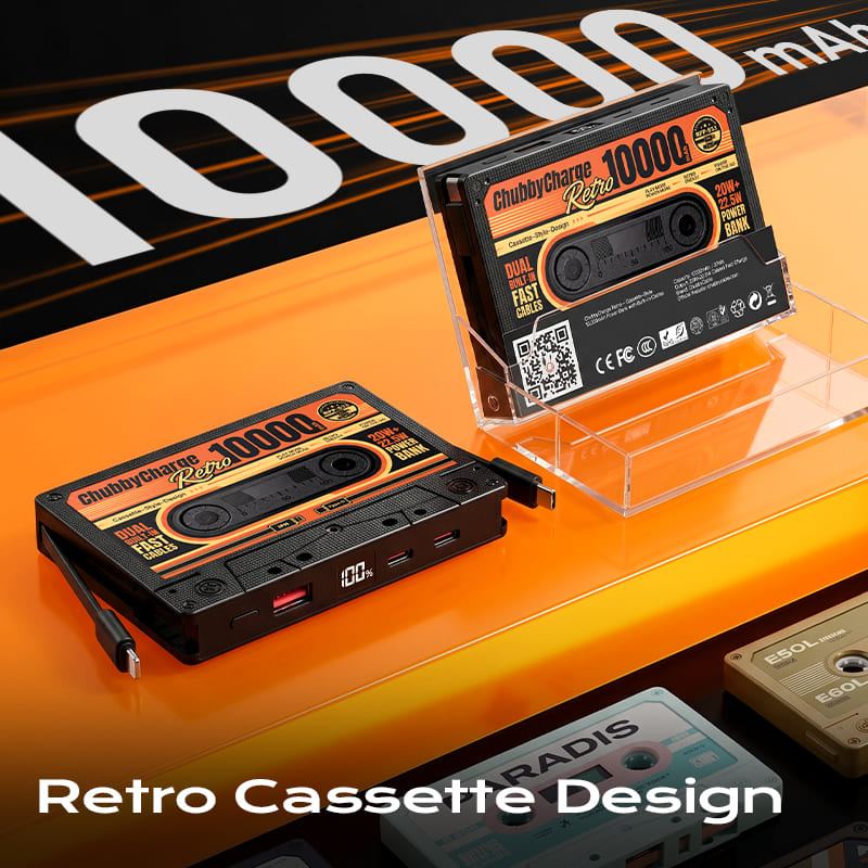 ChubbyCharge Retro - Cassette-Style 10,000mAh Power Bank with Built-in Cables - Image 3