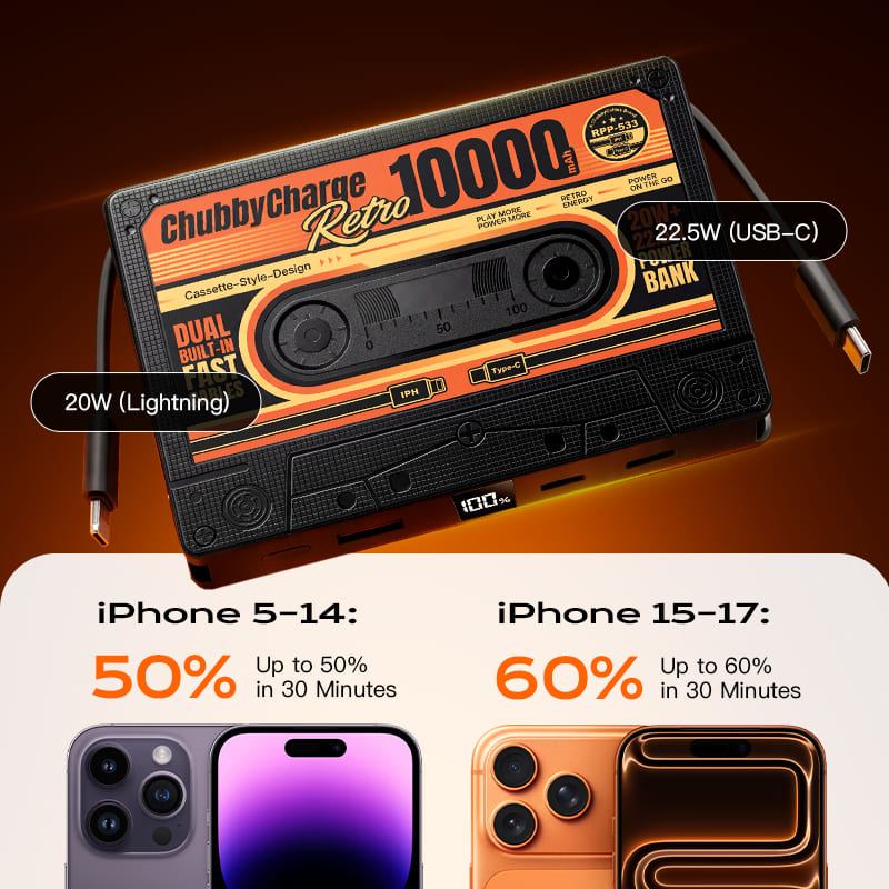ChubbyCharge Retro - Cassette-Style 10,000mAh Power Bank with Built-in Cables - Image 4