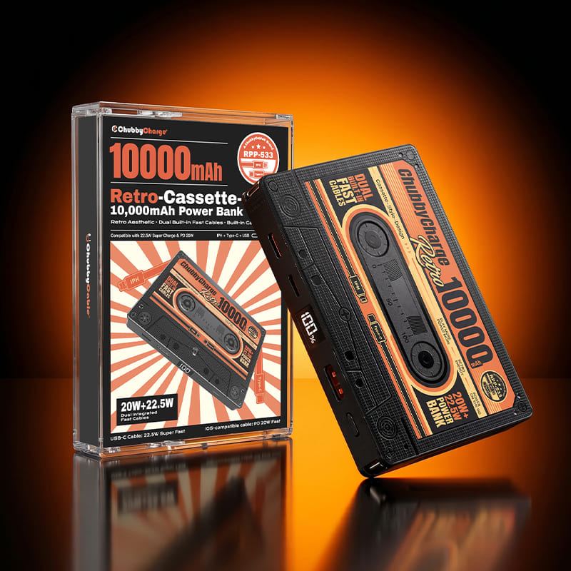 ChubbyCharge Retro - Cassette-Style 10,000mAh Power Bank with Built-in Cables - Image 5